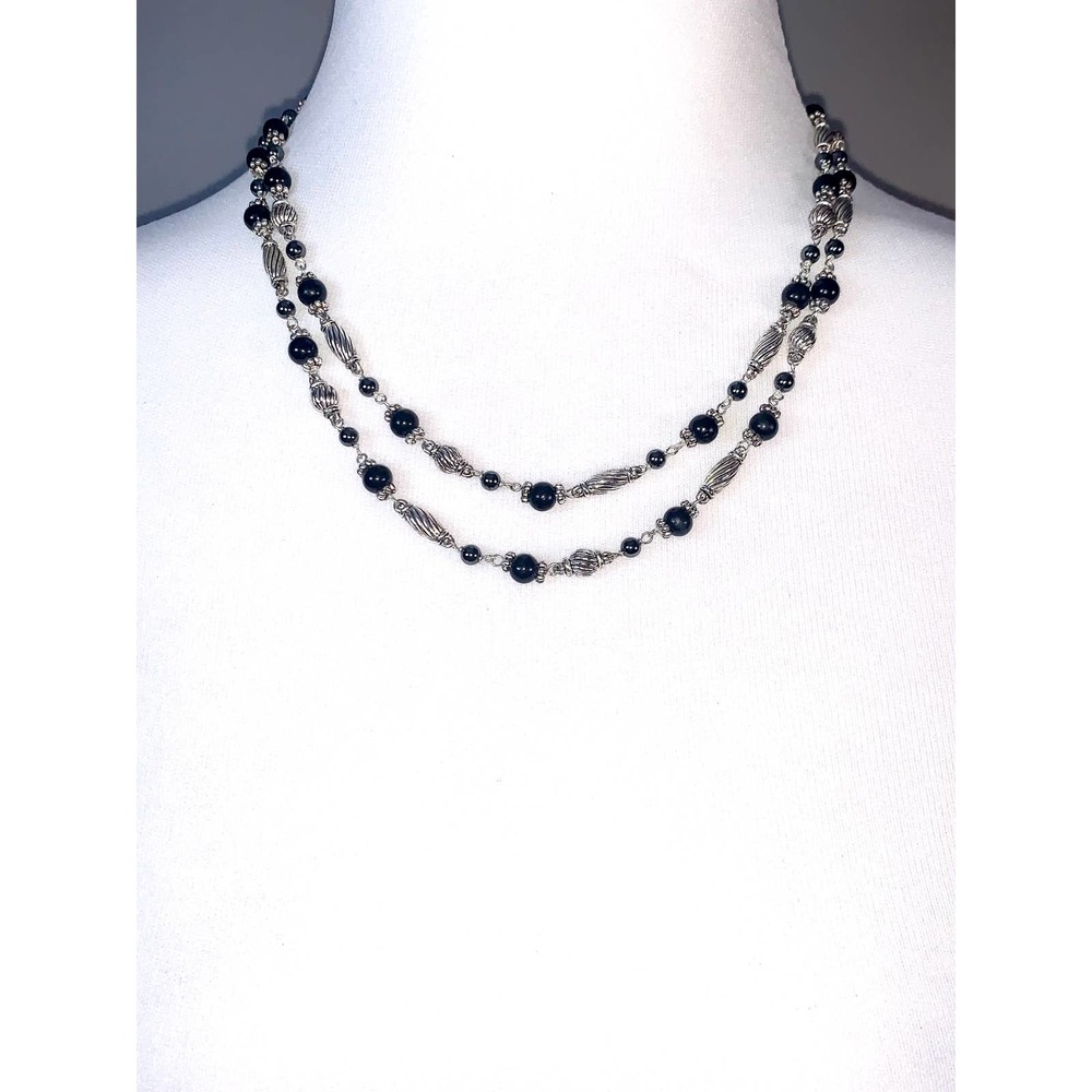 Napier Silver Black Beaded Double Strand Statement Necklace EUC - Picture 2 of 5